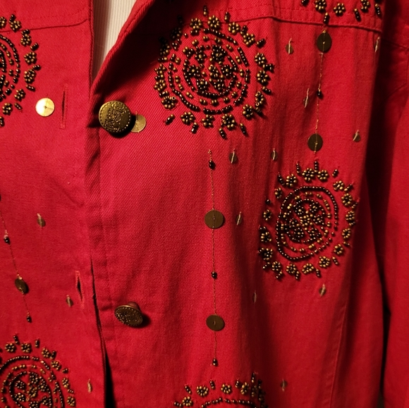 Quacker Factory Red Button Up Jacket Beaded Medium - Picture 2 of 5